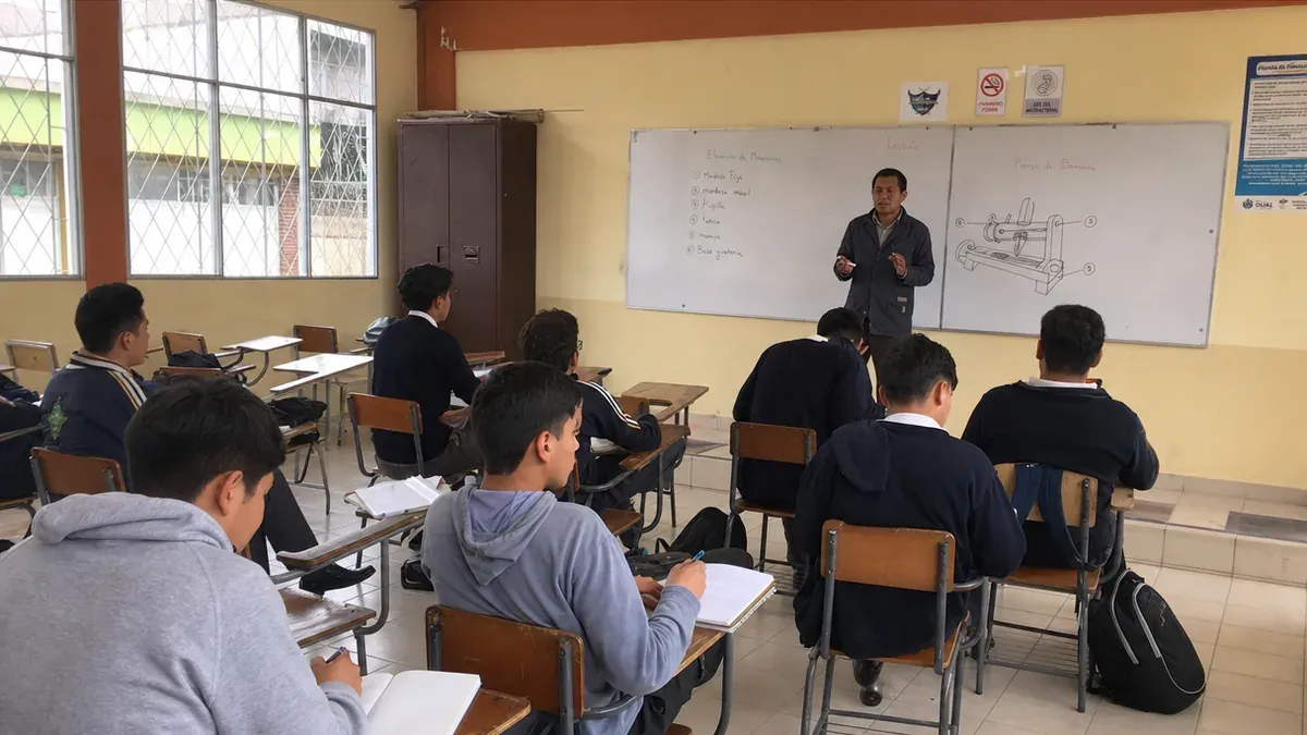 Estudiantes tomando apuntes en el aula de un instituto técnico mientras el docente explica