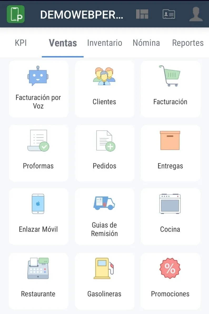 Menú de la app móvil con facturación, clientes, pedidos y guías de remisión