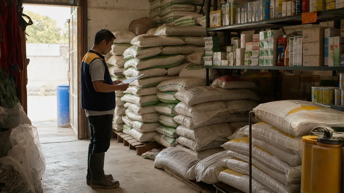 Bodega de una distribuidora agroveterinaria con sacos de balanceado y producto en estanterías