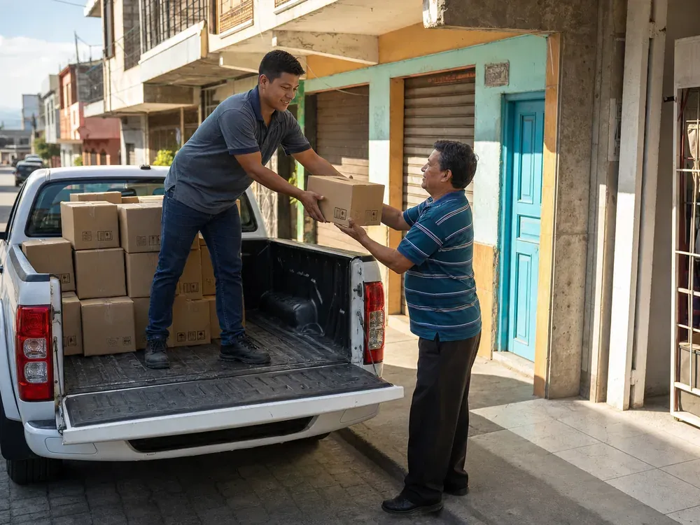 Repartidor bajando cajas de una camioneta y entregándoselas al dueño de una tienda