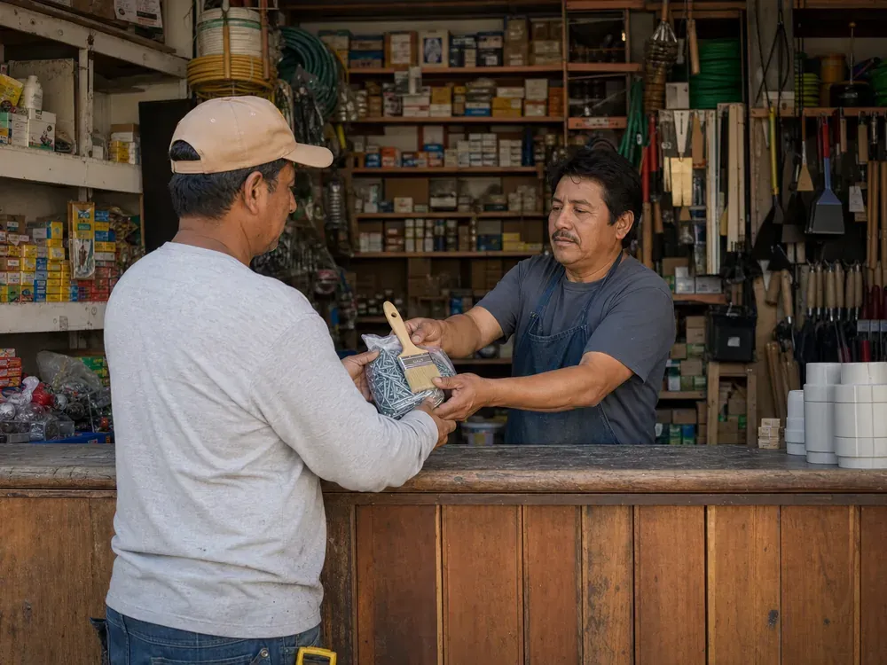 Ferretero entregando tornillos y una brocha a un cliente sobre el mostrador de madera