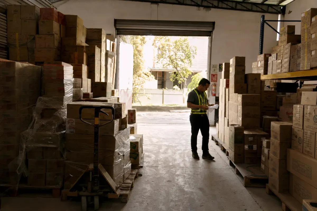 Bodega de distribución con pallets apilados y un bodeguero revisando el despacho
