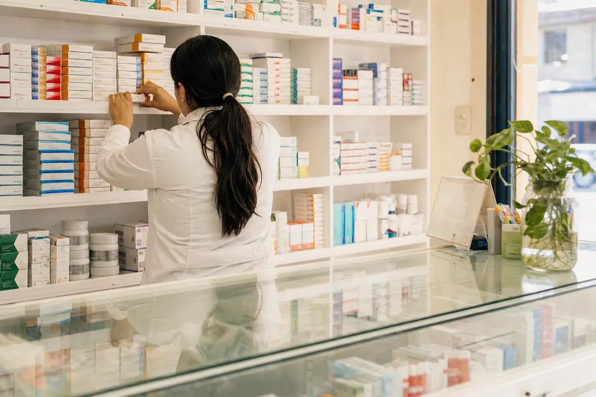 Farmacéutica ordenando una estantería de medicamentos en una farmacia de barrio