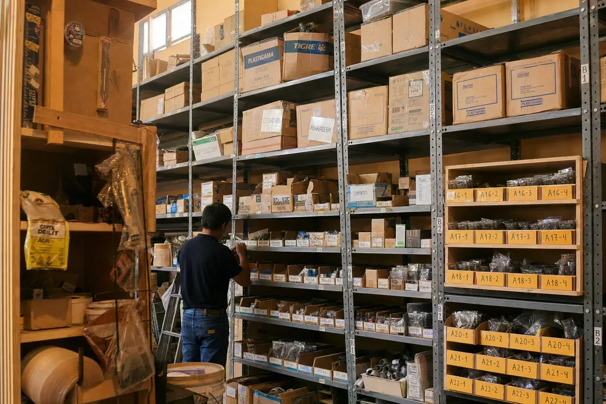 Bodega de ferretería con estanterías ordenadas y cajas etiquetadas por código
