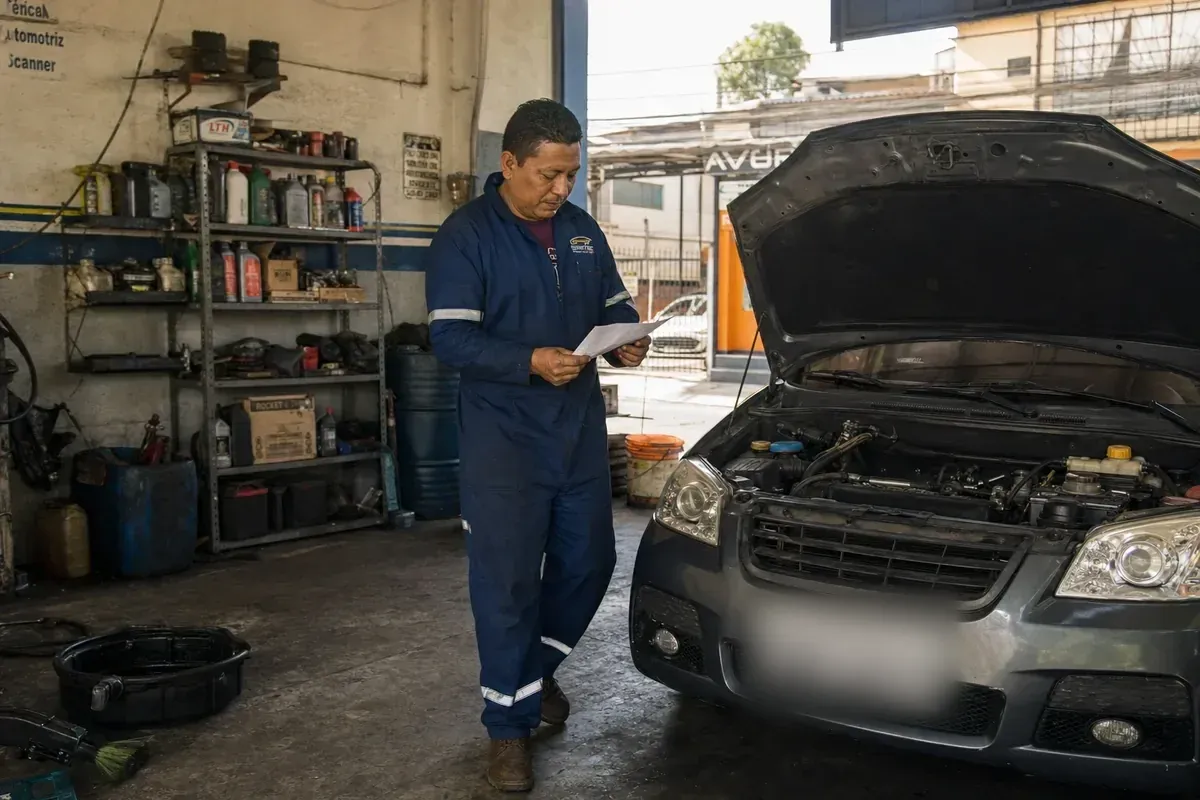 Mecánico revisando la orden de trabajo junto a un vehículo en mantenimiento