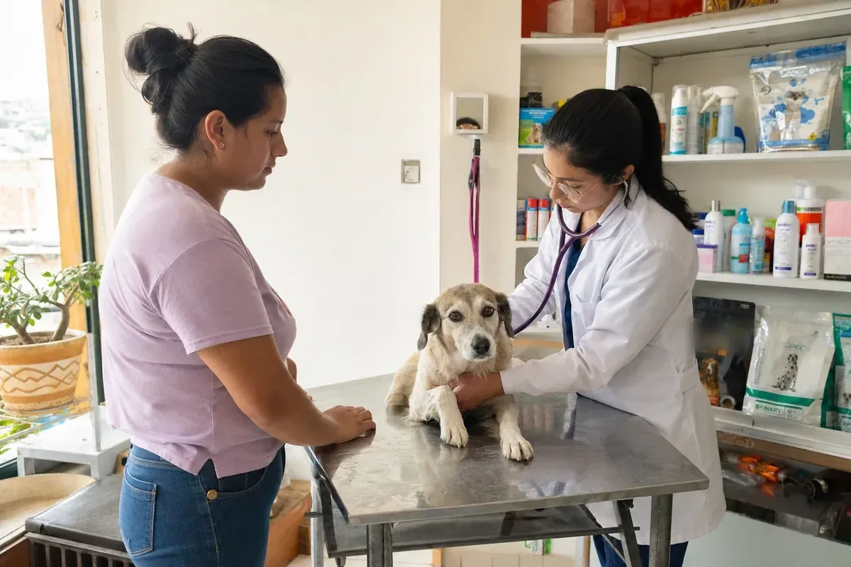 Veterinaria atendiendo a un perro en la mesa de consulta, con su dueña al lado
