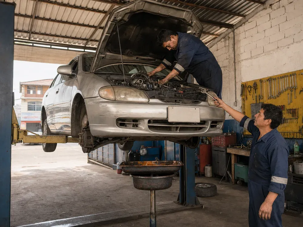 Dos mecánicos trabajando sobre el motor de un auto levantado en el elevador del taller