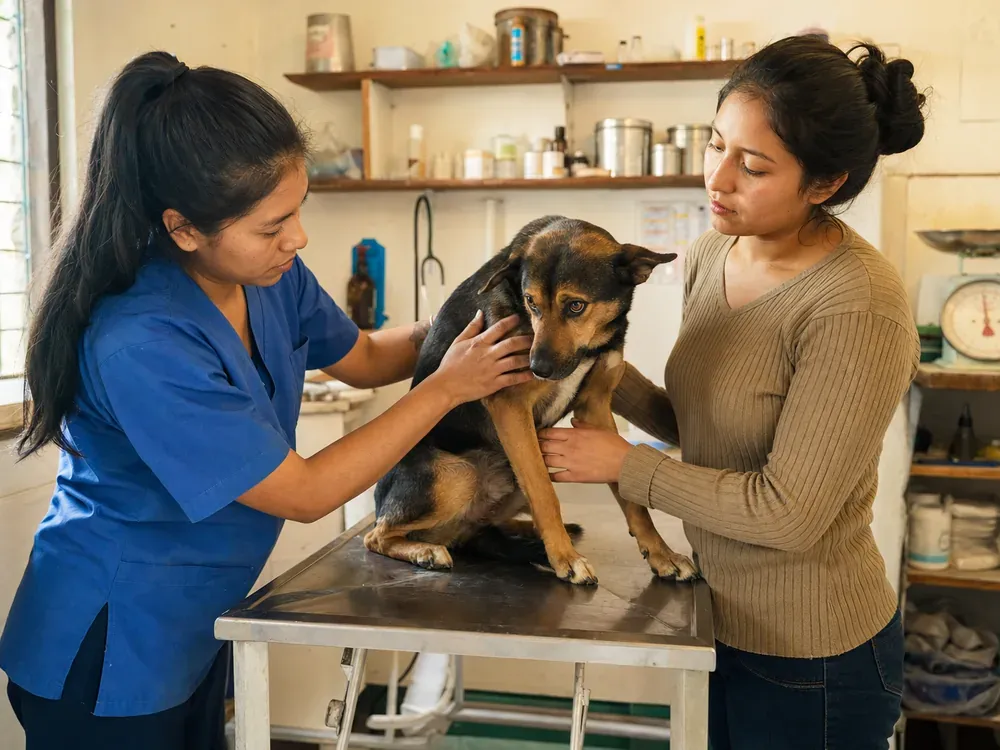 Veterinaria examinando a un perro sobre la mesa de consulta mientras su dueña lo sostiene